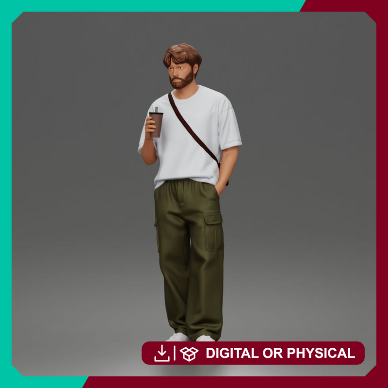 Casual Coffee Drinker Posing with Shoulder Bag Cargo Pants Sneakers