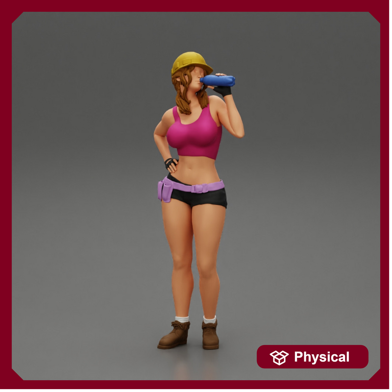 Sexy girl mechanic drinks water during a break