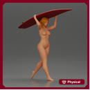 naked woman in carrying a red surfboard on her shoulders