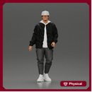 Stylish urban man walking in black jacket white hoodie cap and sneakers