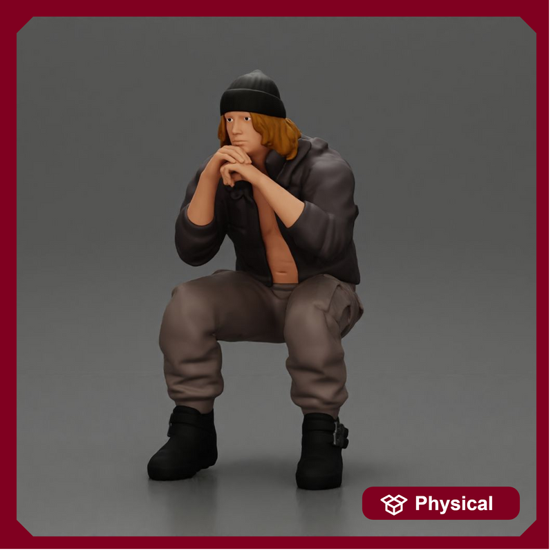 Gangster sitting in thought dressed casually with a beanie and jacket