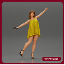 Happy Young Woman in dress and heels Standing on One Leg holding phone
