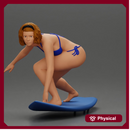 Confident surfer woman in a bikini, riding a wave on her surfboard