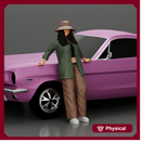 lowrider chola girl is leaning against the car, wearing a hat and long open shirt with