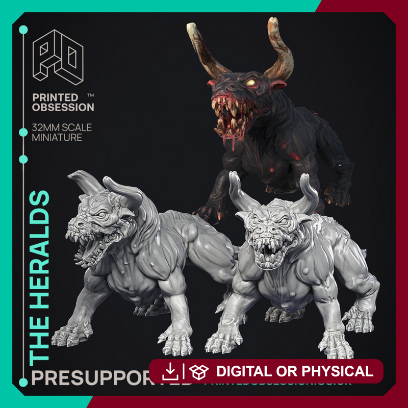 The Heralds - 2 Hell Hounds - Ghast Busters - PRESUPPORTED - Illustrated and Stats - 32mm scale
