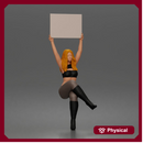 Woman Holding Blank Sign Overhead Seated Pose Crop Top Leggings Thigh High Boots