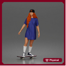 Skateboard girl in long shirt and cap gliding smoothly forward in relaxed street style pose