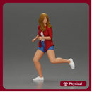 Afraid young woman running in an open shirt and shorts with a determined expression