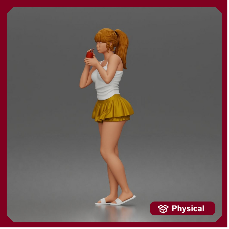 woman Drinking In Camisole Ruffled Mini Skirt Slides