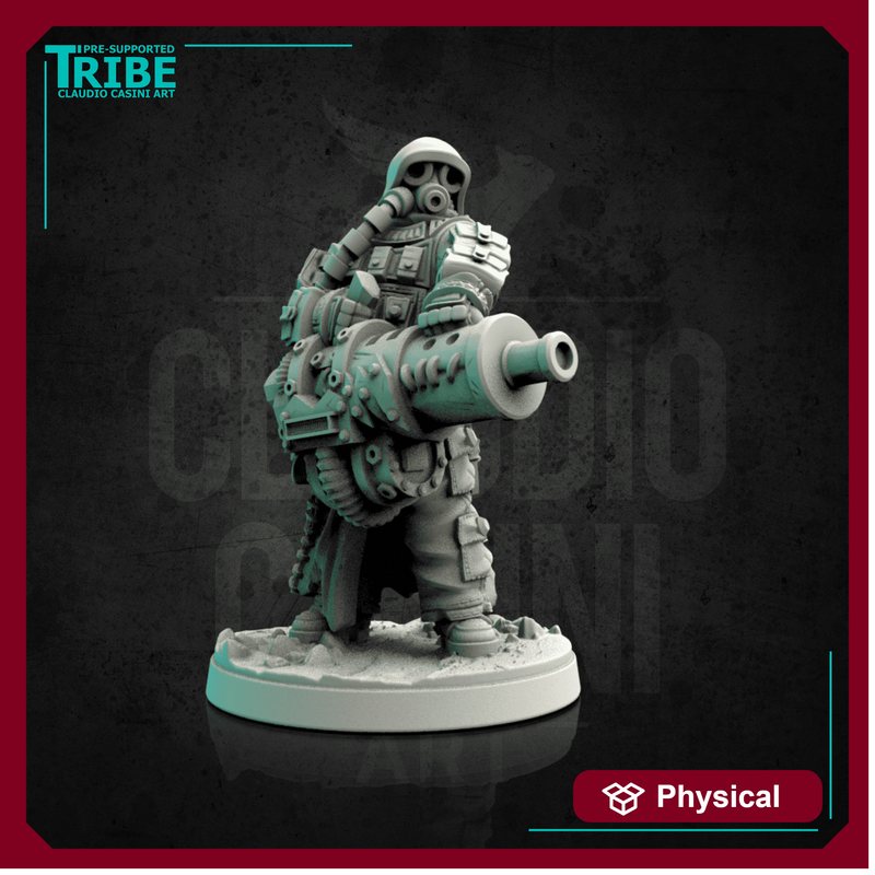 (0138) Male post-apocalyptic sci-fi soldier with antigas mask and heavy cannon, gatling