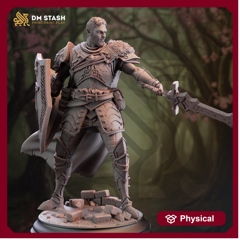Human Paladin Fighter Sword & Shield | Miniature | 28mm, 32mm, 54mm,75mm, 100mm Scales | Pathfinder Figure | DnD | Figurine unpainted | - Only-Games