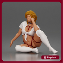 Kneeling woman poses wearing strappy harness lingerie choker garter stockings