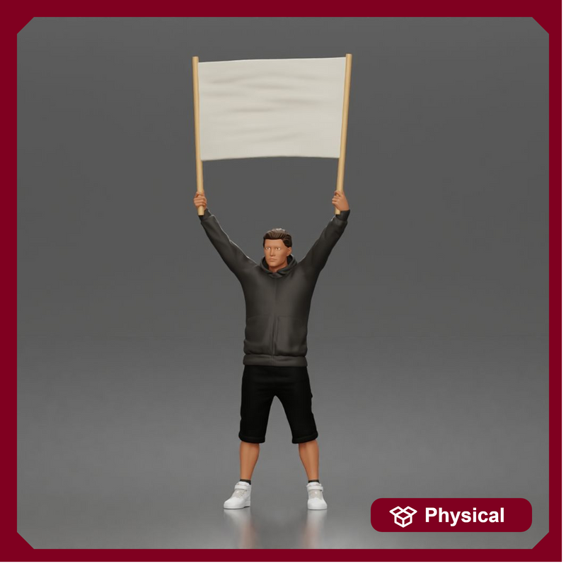 Casual protester holding blank banner wearing hoodie shorts and sneakers