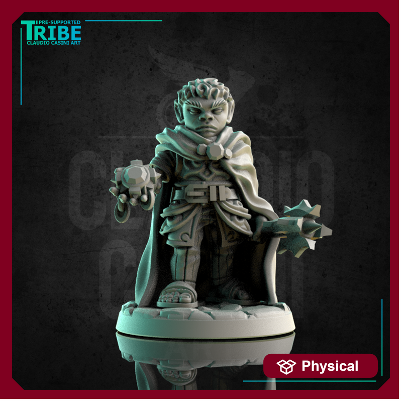 (0175) Male halfling hobbit cleric with bat and sacred symbol