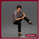 Man Sitting With Knee Bent In Shirt Trousers And Sandals