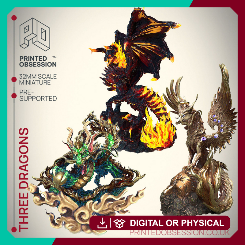 Three Dragon Lords -  PRESUPPORTED - Illustrated and Stats - 32mm scale