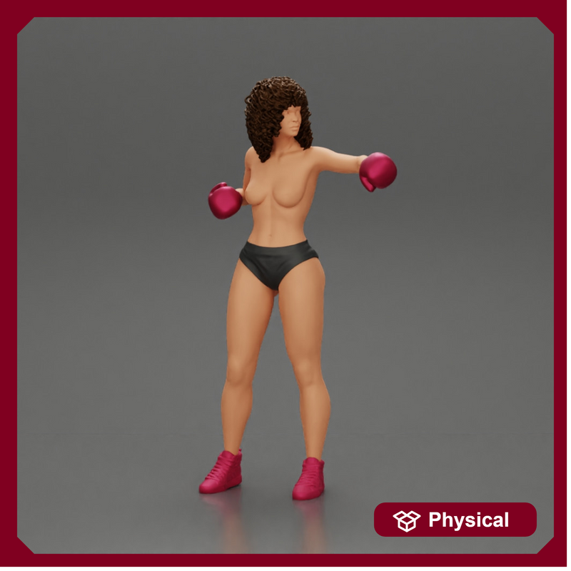 black naked breasts woman in boxing gloves with curly hair ready to finish off her opponent