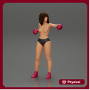 black naked breasts woman in boxing gloves with curly hair ready to finish off her opponent