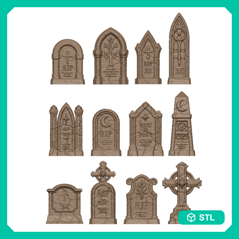 Halloween Graveyard Headstones 12 Pack Gothic Basing Bits for 32mm Tabletop Miniatures