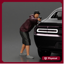 gangster man in a hoodie and cap shooting a gun behind the car