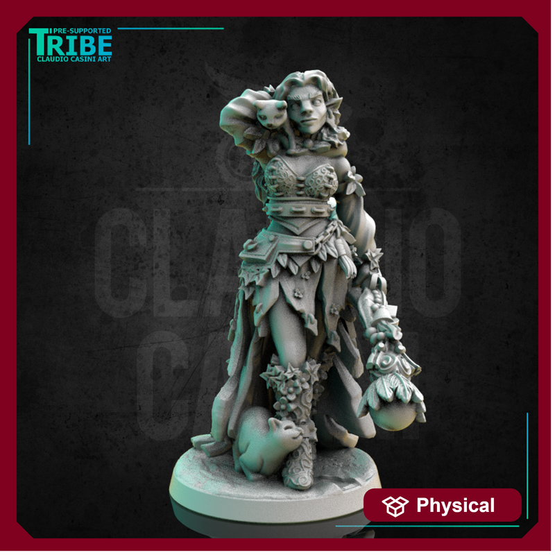 (0261) Female druid wizard witch with magic staff and cats familiar