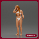 Confused Woman in Bikini Standing with Hand on Forehead