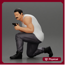 Gangster in pants sitting and holding a gun hides behind the car