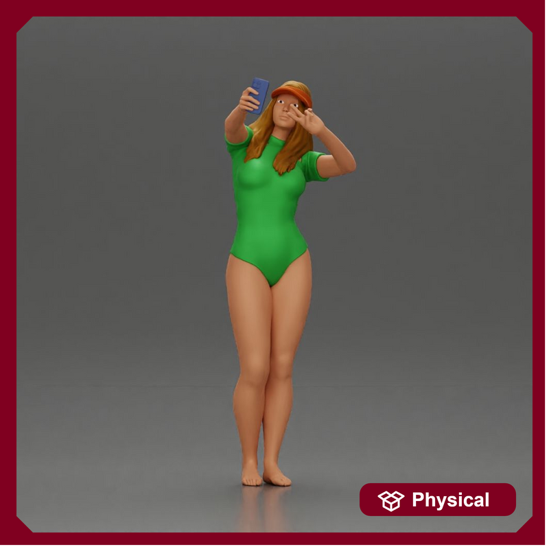 Woman in Green Swimsuit Taking a Selfie with Peace