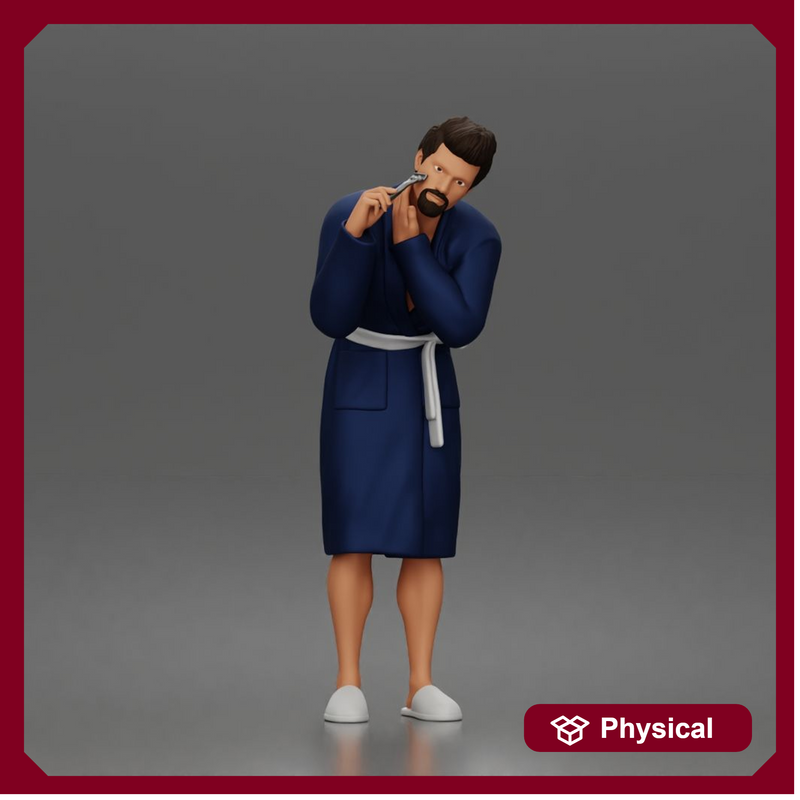 Morning routine man shaving calmly in bathrobe and cozy slippers