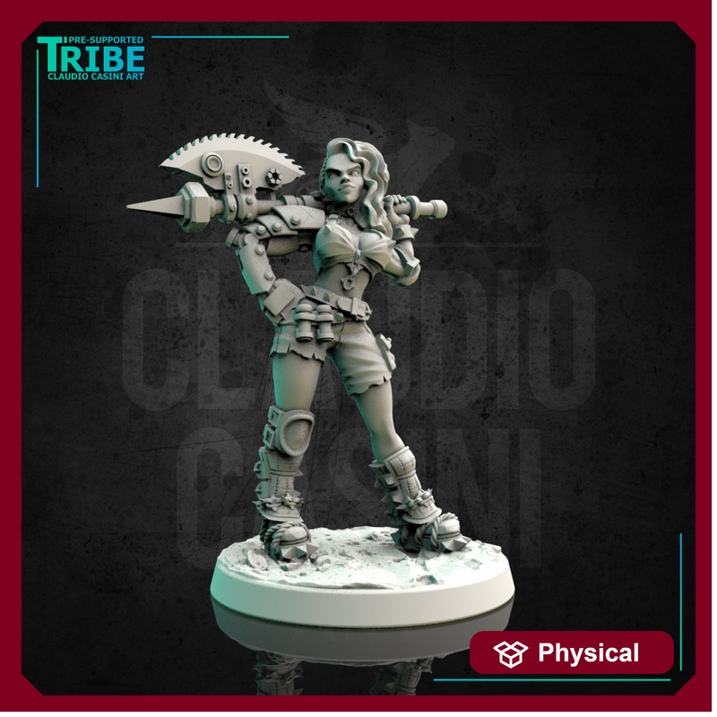 (0144) Female sci-fi post-apocalyptic barbarian mad warrior with axe