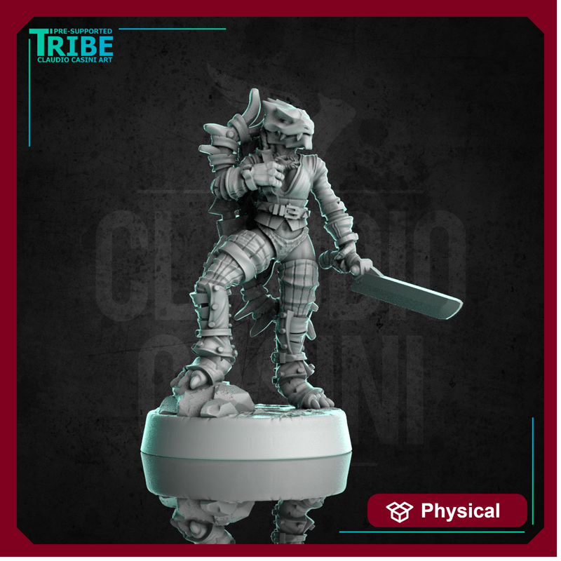 (0303) Female dragonborn dragon folk dragonid ranger with bow and arrows or sword or axe