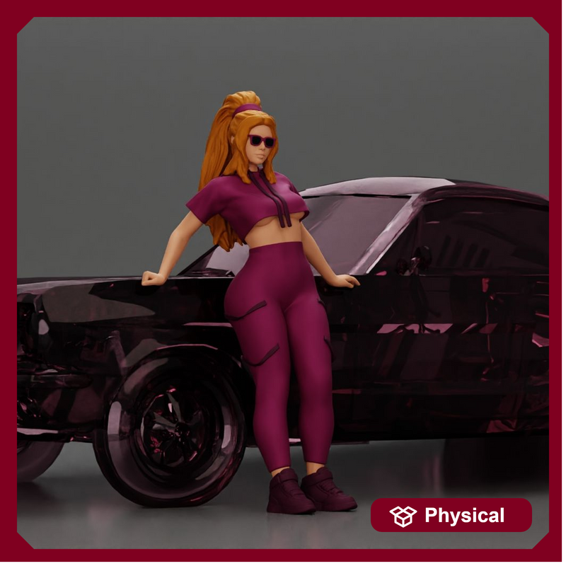 Confident woman in purple sportswear and sunglasses leaning on the car stylishly