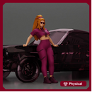 Confident woman in purple sportswear and sunglasses leaning on the car stylishly