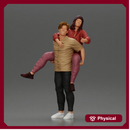handsome, happy man in a shirt is pulling his girlfriend in hat and open shirt