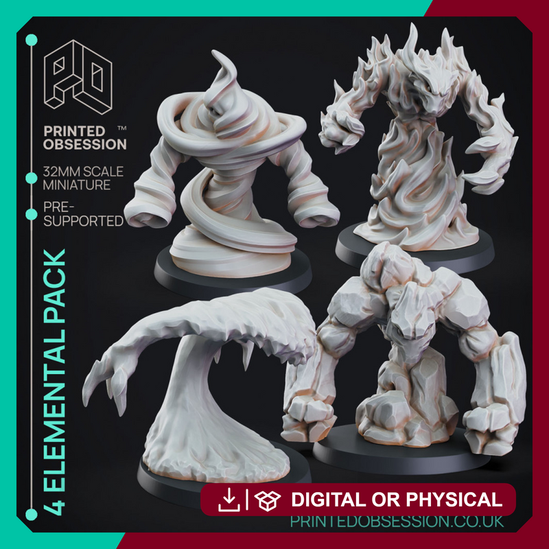 4 Elemental Pack - PRESUPPORTED - 32mm scale - D&D