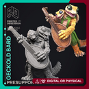 Geckold Bard - Geckolds -  PRESUPPORTED - Illustrated and Stats - 32mm scale