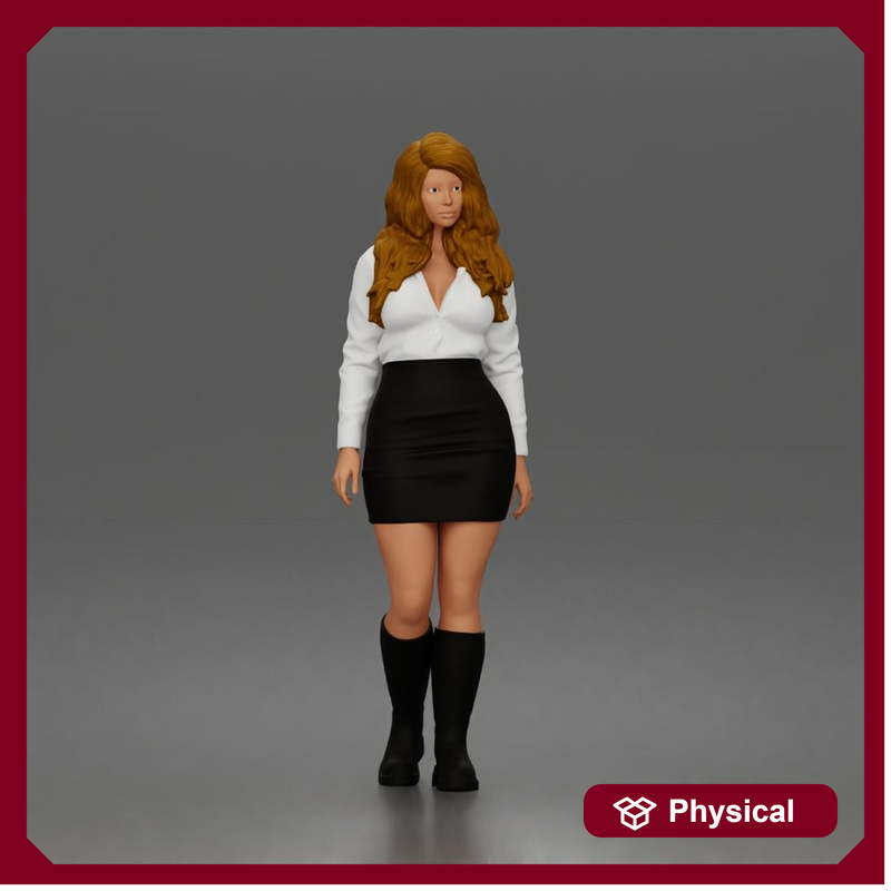 Standing Woman In Collared Shirt Mini Skirt Knee High Boots