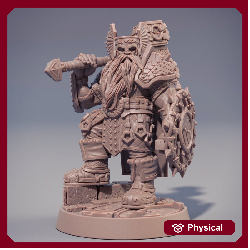 Dwarf Fighter | Dwarf  | Hammer & Shield | Dungeons and Dragons | 28mm, 32mm, 54mm,75mm,100mm Tall Pathfinder | Figure for Painting - Only-Games