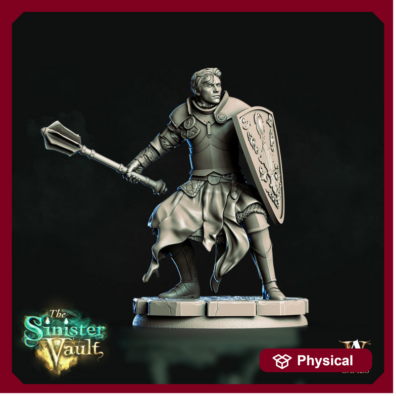 Human Cleric Paladin Mace and Shield Unpainted Miniature | 28mm, 32mm,54mm, 75mm, 100mm Scales | Dungeons and Dragons | Pathfinder | DnD - Only-Games