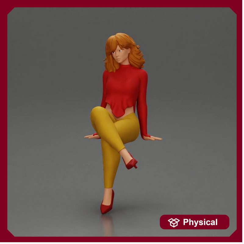 Stylish woman sitting confidently in red top yellow pants heels