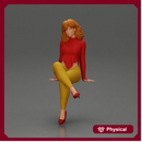 Stylish woman sitting confidently in red top yellow pants heels