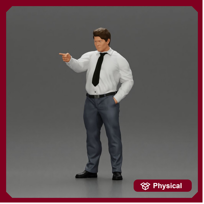 Serious businessman in a white shirt tie, and pants pointing with authority, hand in pocket - Only-Games