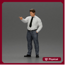 Serious businessman in a white shirt tie, and pants pointing with authority, hand in pocket