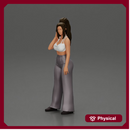 Stylish woman in a crop top and pants, standing thoughtfully