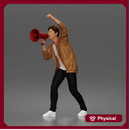 Man Shouting Through Megaphone In Bomber Jacket Tee Trousers Sneakers