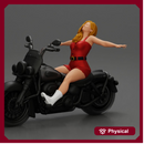 Woman in red outfit stretching arms wide while sitting on motorcycle