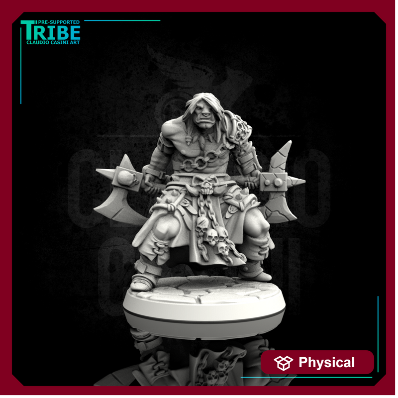 (0001) Male human half orc barbarian with two axes