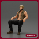 Muscular Bearded Man in Beanie Vest Pants Sitting Casually Relaxed