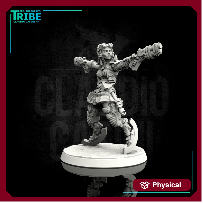 (0104) Female sci-fi post-apocalyptic street warrior with guns and bionic legs