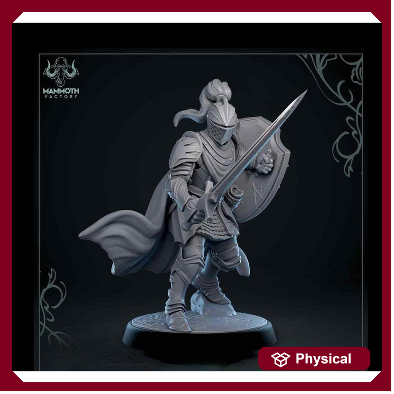 Human Paladin Fighter Sword & Shield | Miniature | 28mm, 32mm, 54mm,75mm, 100mm Scales | Pathfinder Figure | DnD | Figurine unpainted | - Only-Games